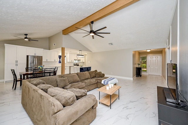 2563 Buffalo Trl, Sugar Land, TX 77479 - living area featuring a ceiling fan, light marble finish flooring, and a textured ceiling