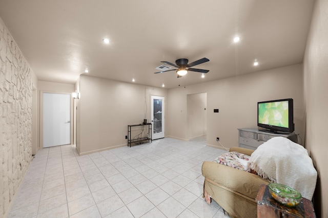 741 Rutgers Ln, Deer Park, TX 77536 - living area with recessed lighting, a ceiling fan, and light tile patterned floors