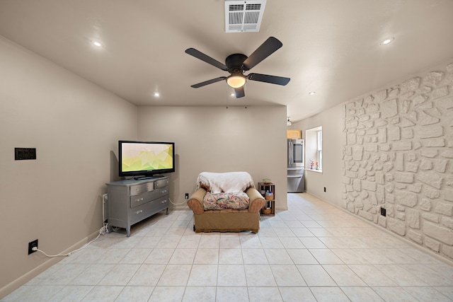 741 Rutgers Ln, Deer Park, TX 77536 - living area featuring ceiling fan, light tile patterned floors, and recessed lighting