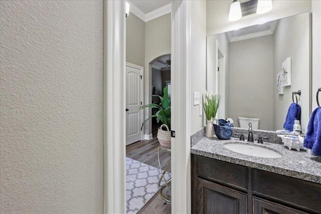 271 Hannah Ln, Lumberton, TX 77657 - bathroom with crown molding, vanity, a textured wall, and wood finished floors