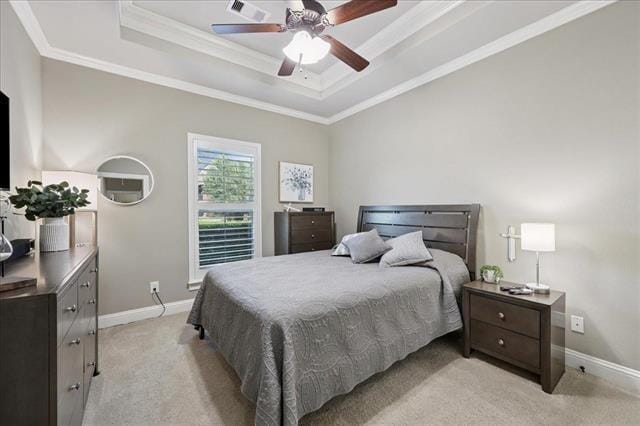 271 Hannah Ln, Lumberton, TX 77657 - bedroom featuring light carpet, a tray ceiling, ornamental molding, and ceiling fan