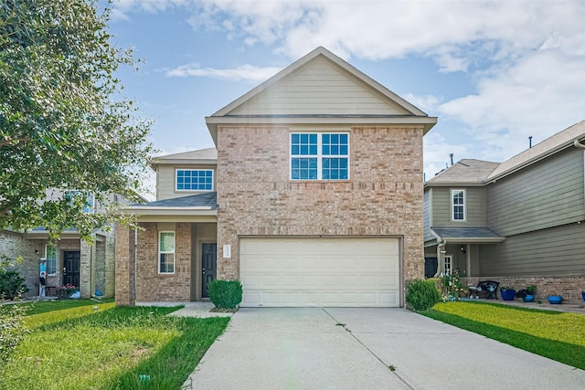 10314 White Fir Villa Ave, Houston, TX 77044 - traditional-style home with an attached garage, brick siding, concrete driveway, and a front yard