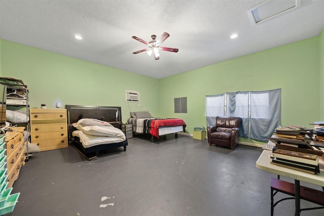 210 Southwood Cir, Baytown, TX 77520 - bedroom featuring finished concrete floors, a ceiling fan, a textured ceiling, recessed lighting, and electric panel