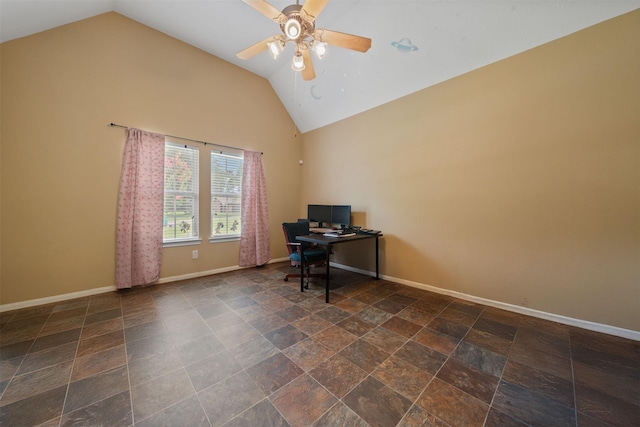 210 Southwood Cir, Baytown, TX 77520 - home office featuring ceiling fan, high vaulted ceiling, and stone finish flooring
