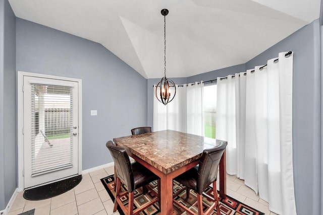 118 Long Canyon Ln, Richmond, TX 77469 - dining area with a chandelier, light tile patterned flooring, and vaulted ceiling
