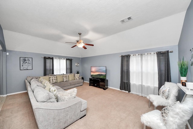 118 Long Canyon Ln, Richmond, TX 77469 - carpeted living room featuring lofted ceiling and a ceiling fan
