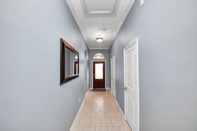 118 Long Canyon Ln, Richmond, TX 77469 - doorway to outside with light tile patterned floors and crown molding