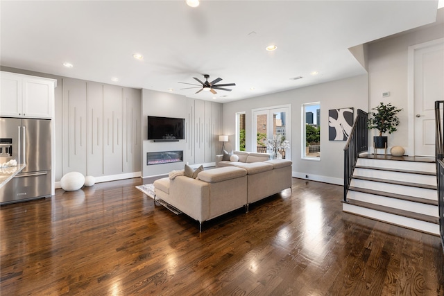 1822 Mcilhenny St Unit A, Houston, TX 77004 - living area with ceiling fan, stairs, dark wood-style floors, and recessed lighting