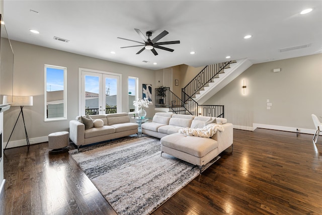 1822 Mcilhenny St Unit A, Houston, TX 77004 - living room featuring a ceiling fan, dark wood-type flooring, stairs, and recessed lighting