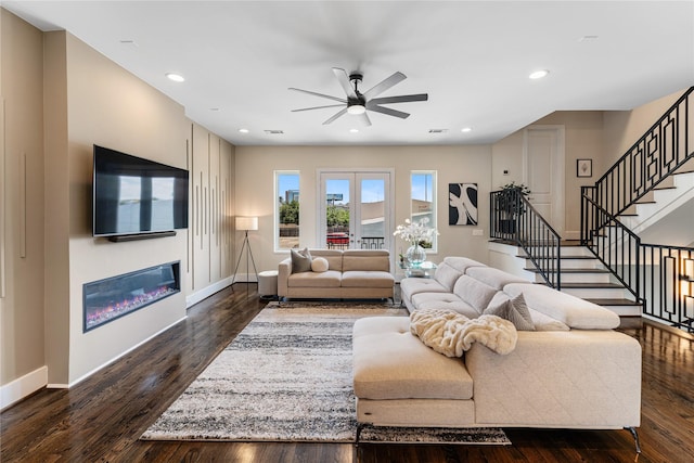 1822 Mcilhenny St Unit A, Houston, TX 77004 - living area featuring ceiling fan, stairway, a glass covered fireplace, dark wood-style floors, and recessed lighting