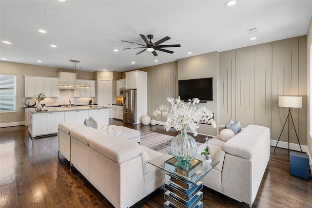 1822 Mcilhenny St Unit A, Houston, TX 77004 - living room with ceiling fan, recessed lighting, and dark wood-style flooring