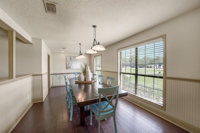 18120 County Road 127, Pearland, TX 77581 - dining area featuring a wainscoted wall, a textured ceiling, and dark wood-style flooring