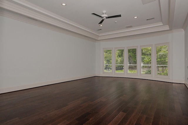 25 Red Sable Pt, The Woodlands, TX 77380 - unfurnished room featuring a tray ceiling, ornamental molding, dark wood-style floors, ceiling fan, and recessed lighting