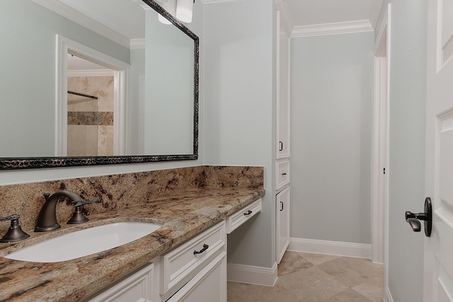 25 Red Sable Pt, The Woodlands, TX 77380 - full bathroom featuring vanity, crown molding, and a tile shower