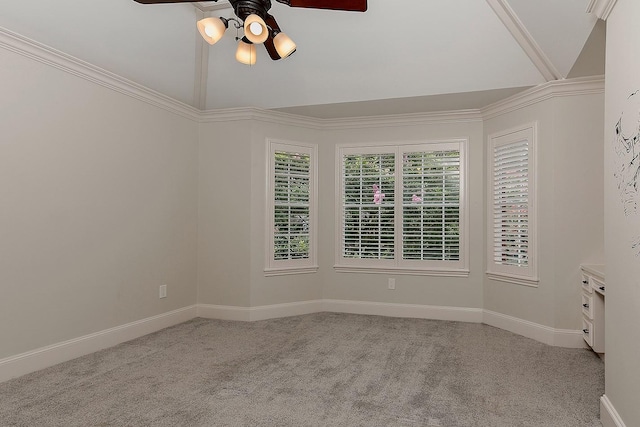 25 Red Sable Pt, The Woodlands, TX 77380 - unfurnished room with a ceiling fan, vaulted ceiling, carpet, and ornamental molding