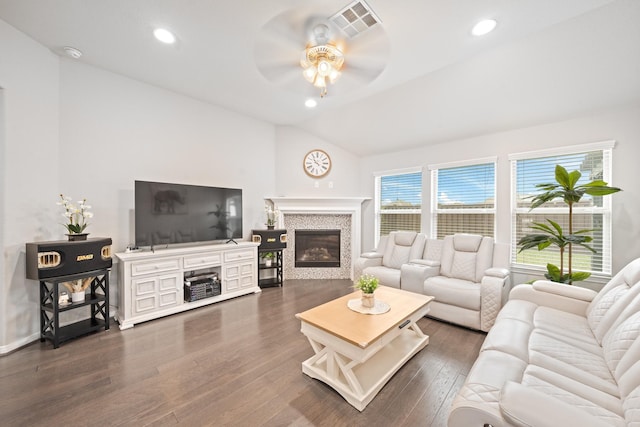 30104 Prairie Creek Ct, Brookshire, TX 77423 - living area with ceiling fan, vaulted ceiling, wood finished floors, a glass covered fireplace, and recessed lighting