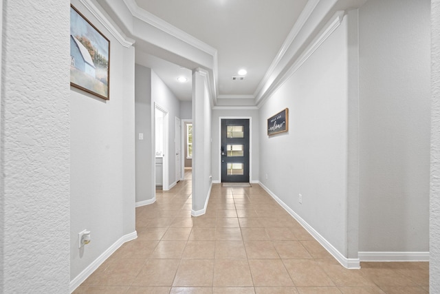 30104 Prairie Creek Ct, Brookshire, TX 77423 - foyer featuring light tile patterned flooring, crown molding, recessed lighting, and a textured wall