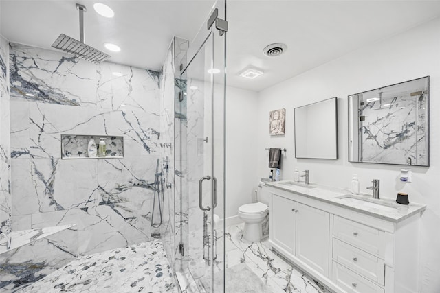 5122 Glenmeadow Dr, Houston, TX 77096 - bathroom with marble look tile flooring, a marble finish shower, double vanity, and recessed lighting