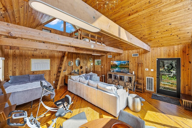 5122 Glenmeadow Dr, Houston, TX 77096 - living area featuring wooden walls, wood ceiling, hardwood / wood-style floors, and lofted ceiling