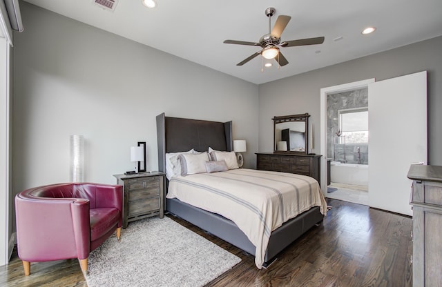 427 Tuam St Unit B, Houston, TX 77006 - bedroom with dark wood-style flooring, recessed lighting, ensuite bath, and ceiling fan