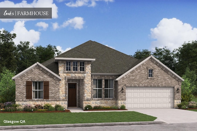 114 Luther Dean Ln, New Waverly, TX 77358 - view of front of property with concrete driveway, an attached garage, stone siding, and brick siding