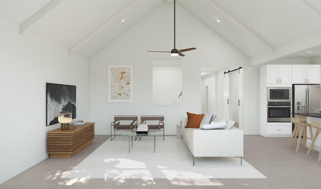 114 Luther Dean Ln, New Waverly, TX 77358 - living area with a barn door, high vaulted ceiling, beamed ceiling, recessed lighting, and light carpet