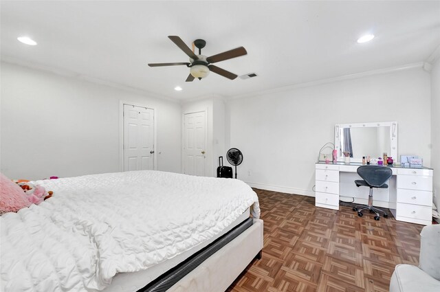 1802 Kowis St, Houston, TX 77093 - bedroom featuring recessed lighting, crown molding, a ceiling fan, and a desk