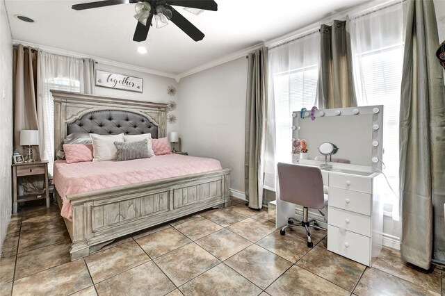 1802 Kowis St, Houston, TX 77093 - bedroom featuring crown molding, multiple windows, ceiling fan, light tile patterned flooring, and an office area