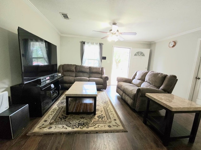 6227 Cavalier St Unit 770, Houston, TX 77087 - living area with dark wood finished floors, a ceiling fan, and ornamental molding