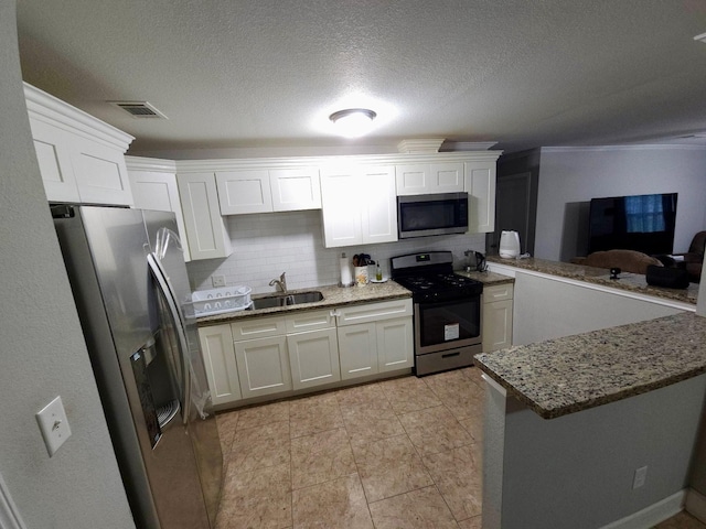 6227 Cavalier St Unit 770, Houston, TX 77087 - kitchen featuring stainless steel appliances, white cabinets, light stone counters, tasteful backsplash, and a textured ceiling