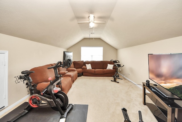 3811 Rosalind Ln, Houston, TX 77053 - exercise area featuring a ceiling fan, lofted ceiling, and carpet