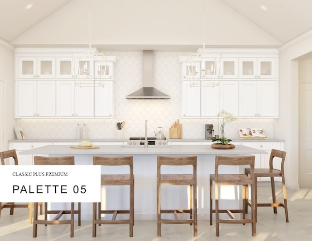118 Luther Dean Ln, New Waverly, TX 77358 - kitchen with lofted ceiling, wall chimney exhaust hood, a chandelier, decorative backsplash, and a breakfast bar area