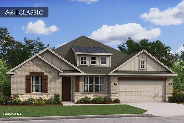 118 Luther Dean Ln, New Waverly, TX 77358 - craftsman inspired home featuring board and batten siding, concrete driveway, roof mounted solar panels, and a front lawn