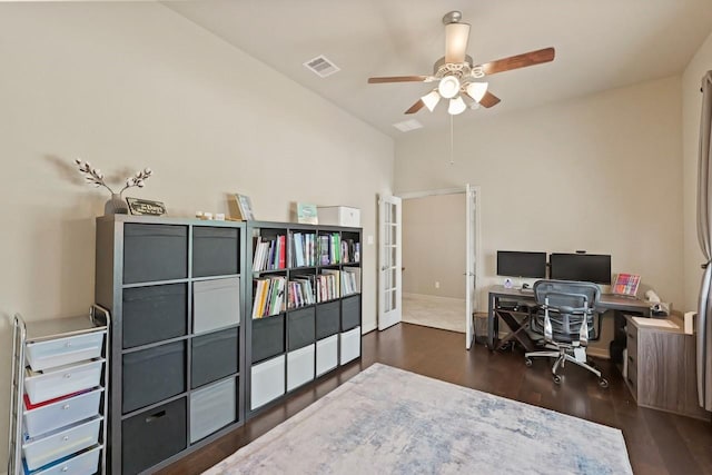 166 Hearthshire Cir, Magnolia, TX 77354 - office with ceiling fan, dark wood finished floors, and french doors