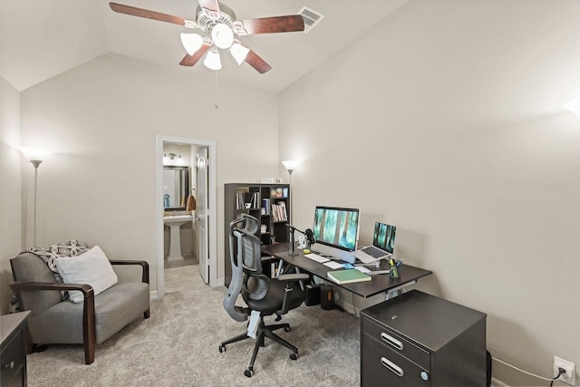 166 Hearthshire Cir, Magnolia, TX 77354 - office space with ceiling fan, high vaulted ceiling, and light colored carpet