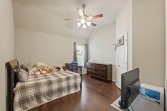 166 Hearthshire Cir, Magnolia, TX 77354 - bedroom with lofted ceiling, dark wood-type flooring, and a ceiling fan