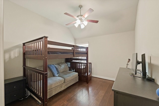 166 Hearthshire Cir, Magnolia, TX 77354 - bedroom with lofted ceiling, dark wood-style flooring, and a ceiling fan