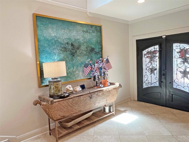 1234 Challenger, Lakeway, TX 78734 - entryway with french doors, tile patterned floors, ornamental molding, and recessed lighting