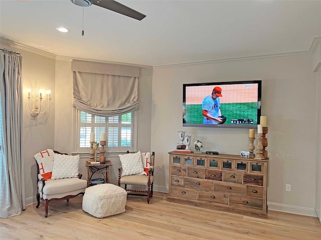 1234 Challenger, Lakeway, TX 78734 - sitting room featuring crown molding, wood finished floors, a ceiling fan, and recessed lighting