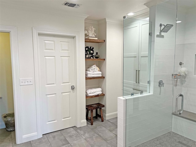 1234 Challenger, Lakeway, TX 78734 - full bathroom featuring a shower stall, crown molding, and tile patterned flooring