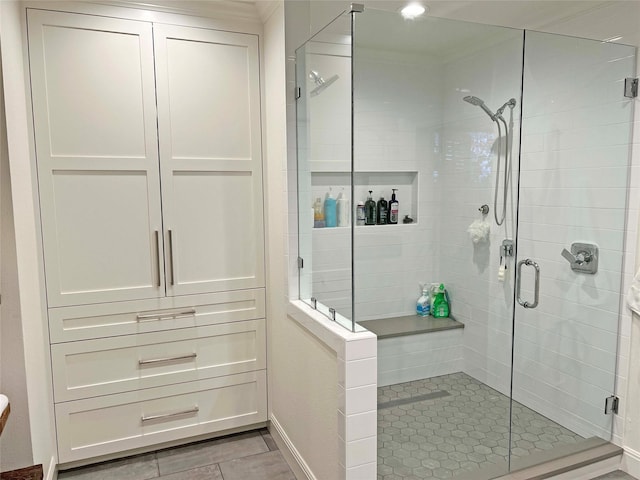 1234 Challenger, Lakeway, TX 78734 - full bathroom with a shower stall, ornamental molding, and tile patterned flooring