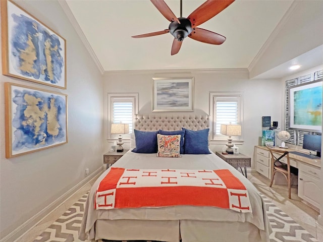 1234 Challenger, Lakeway, TX 78734 - bedroom featuring lofted ceiling, crown molding, multiple windows, ceiling fan, and a desk
