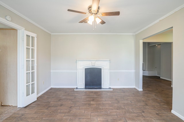 5606 Water Leaf Ln, Houston, TX 77088 - unfurnished living room featuring a ceiling fan, wood finished floors, crown molding, and a fireplace with raised hearth
