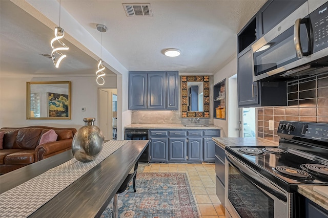 1265 Du Barry Ln, Houston, TX 77018 - kitchen featuring electric range oven, stainless steel microwave, ornamental molding, blue cabinetry, and backsplash