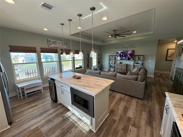 2429 Sand Bar Ln, Crystal Beach, TX 77650 - kitchen featuring appliances with stainless steel finishes, a tray ceiling, dark wood-type flooring, recessed lighting, and white cabinetry