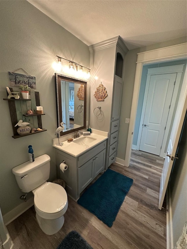 2429 Sand Bar Ln, Crystal Beach, TX 77650 - bathroom with wood finished floors, vanity, and a textured ceiling
