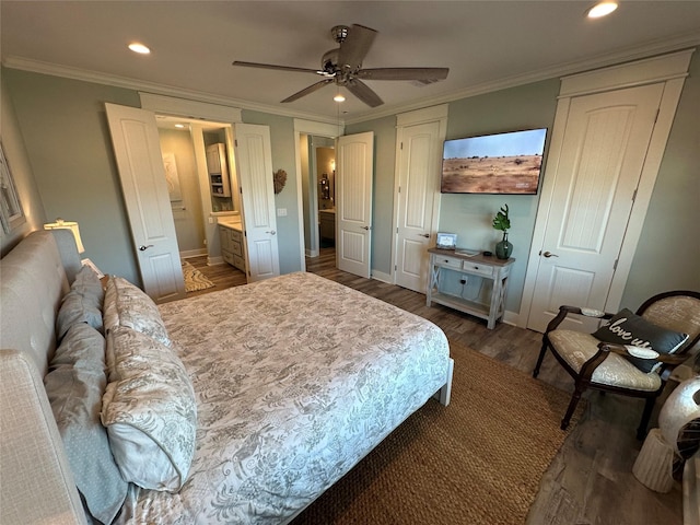 2429 Sand Bar Ln, Crystal Beach, TX 77650 - bedroom featuring recessed lighting, wood finished floors, ornamental molding, a ceiling fan, and ensuite bathroom