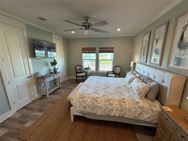 2429 Sand Bar Ln, Crystal Beach, TX 77650 - bedroom featuring recessed lighting, dark wood-type flooring, ornamental molding, and ceiling fan