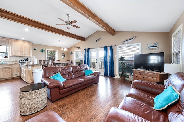 211 Anchor Dr, Freeport, TX 77541 - living room featuring wood finished floors, a ceiling fan, recessed lighting, and a chandelier
