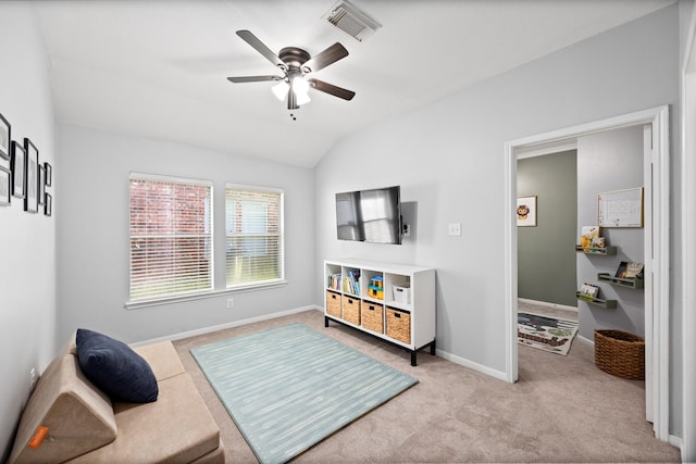 14939 Stablewood Downs Ln, Cypress, TX 77429 - sitting room with a ceiling fan, carpet, and vaulted ceiling